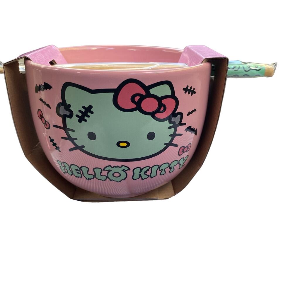 Hello‎ Kitty Ceramic Bowl With Chopsticks 20oz Halloween Frankenstein Pink NWT